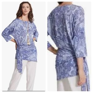 Chico’s Black Label Side Tie Drop Shoulder Blue Top Blue Mosaic Size 2 LARGE